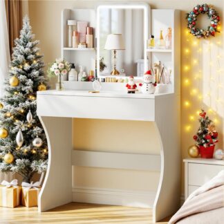 Vinabilia Small Vanity Desk with Mirror and Lights, Makeup Vanity with Storage Drawer, 2 Shelves and 3 Compartments - White
