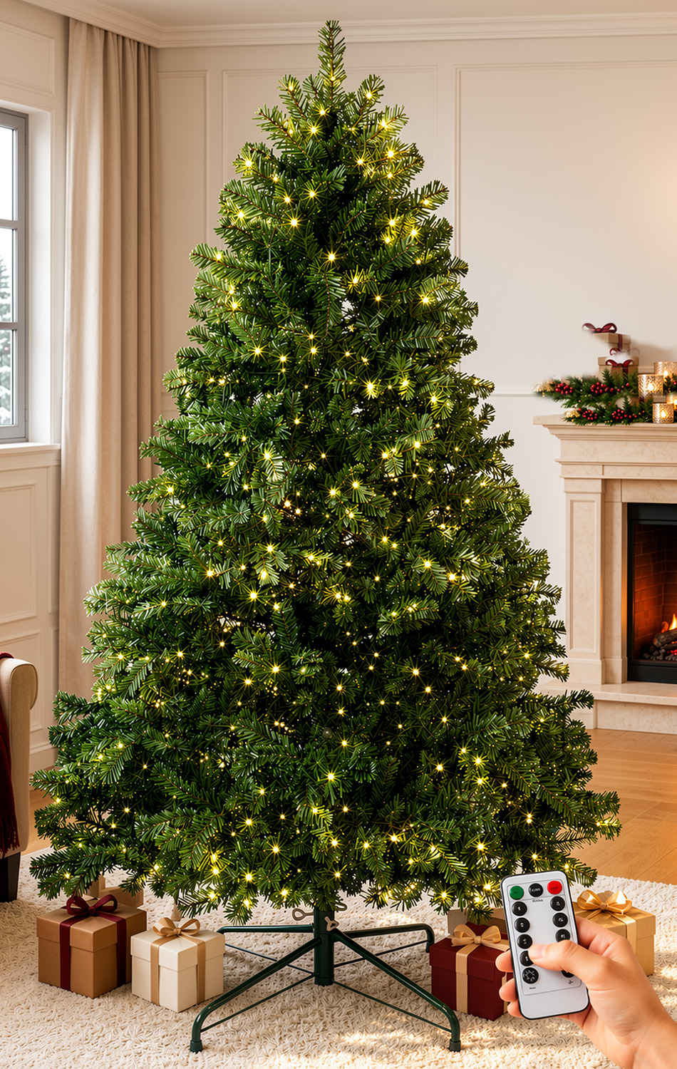9FT Artificial Christmas Tree, 1950 PVC Tips, 900 LED Lights|Remote Control, 8 Light Modes, 4 Brightness Levels & 6H Timer, 3-Section Hinged Design, Easy Setup & Foldable Metal Stand