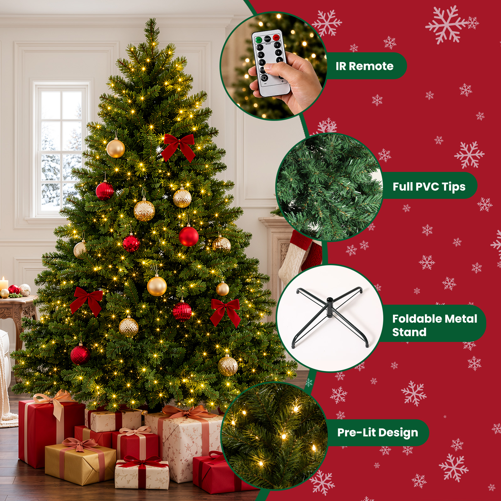 9FT Artificial Christmas Tree, 1950 PVC Tips, 900 LED Lights|Remote Control, 8 Light Modes, 4 Brightness Levels & 6H Timer, 3-Section Hinged Design, Easy Setup & Foldable Metal Stand - Image 2
