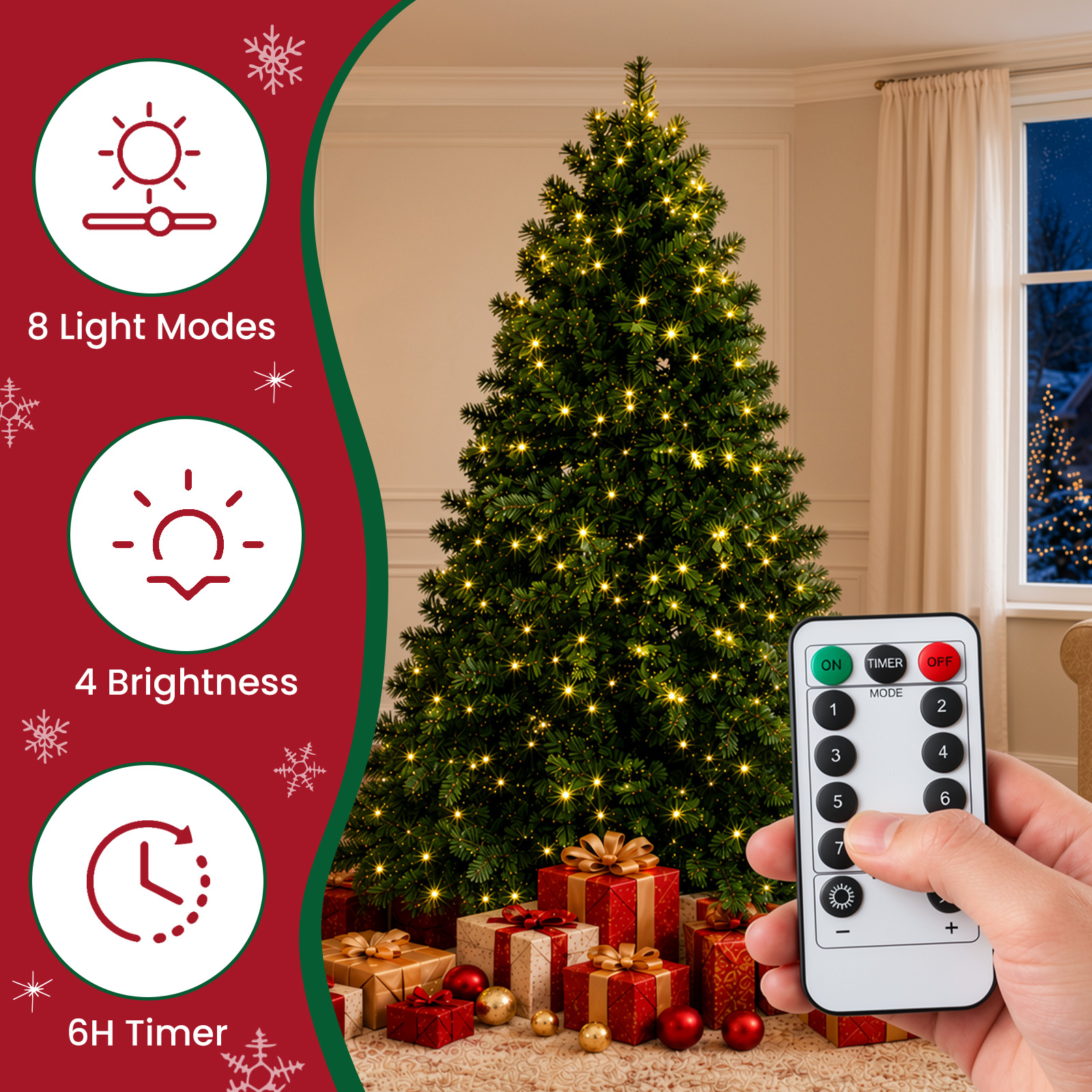 9FT Artificial Christmas Tree, 1950 PVC Tips, 900 LED Lights|Remote Control, 8 Light Modes, 4 Brightness Levels & 6H Timer, 3-Section Hinged Design, Easy Setup & Foldable Metal Stand - Image 3