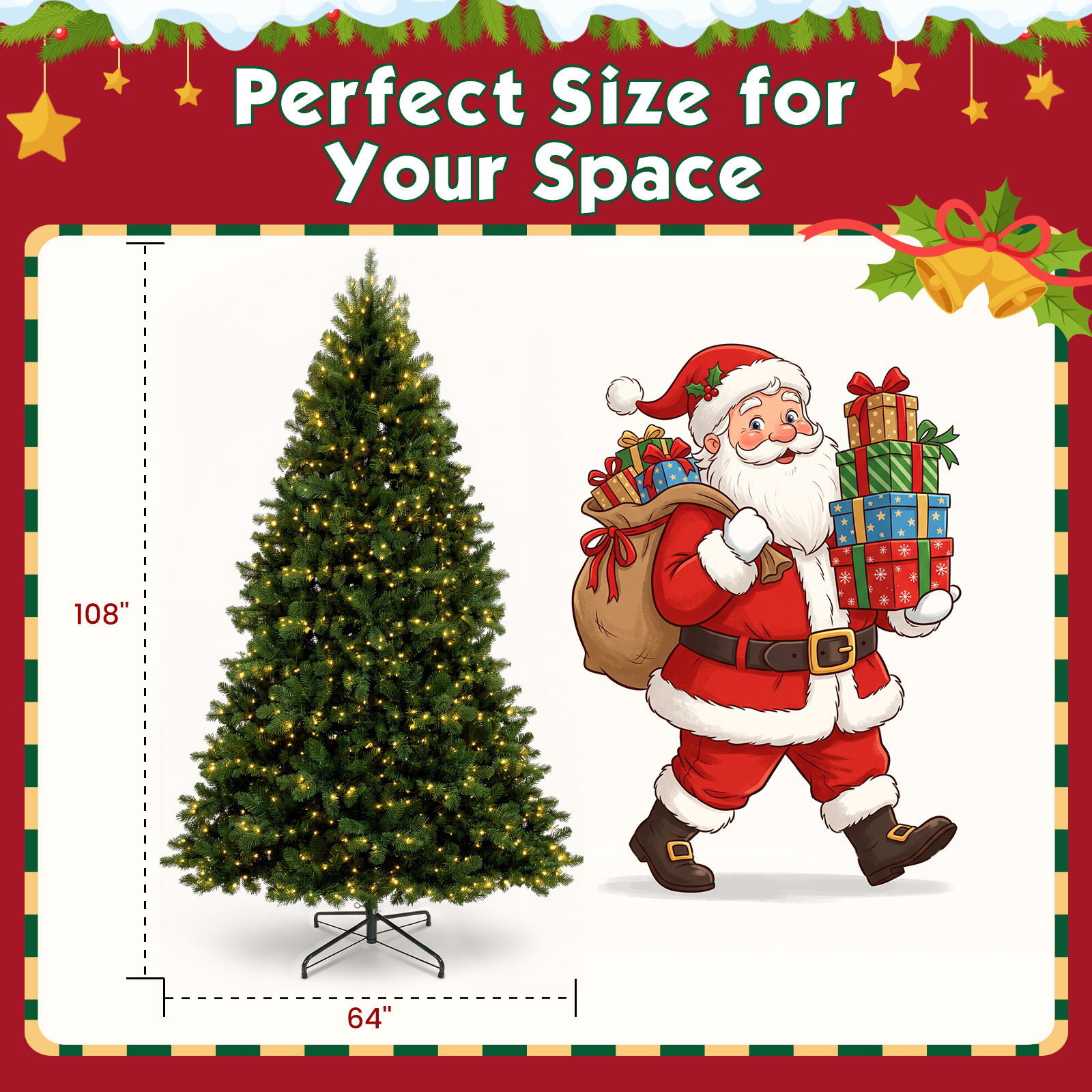 9FT Artificial Christmas Tree, 1950 PVC Tips, 900 LED Lights|Remote Control, 8 Light Modes, 4 Brightness Levels & 6H Timer, 3-Section Hinged Design, Easy Setup & Foldable Metal Stand - Image 6