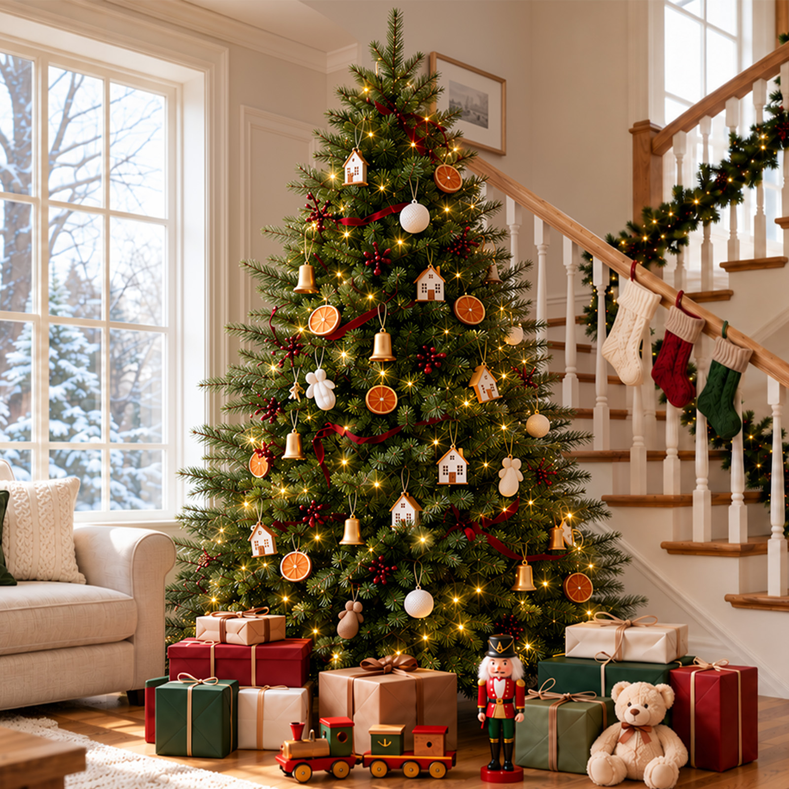 9FT Artificial Christmas Tree, 1950 PVC Tips, 900 LED Lights|Remote Control, 8 Light Modes, 4 Brightness Levels & 6H Timer, 3-Section Hinged Design, Easy Setup & Foldable Metal Stand - Image 7
